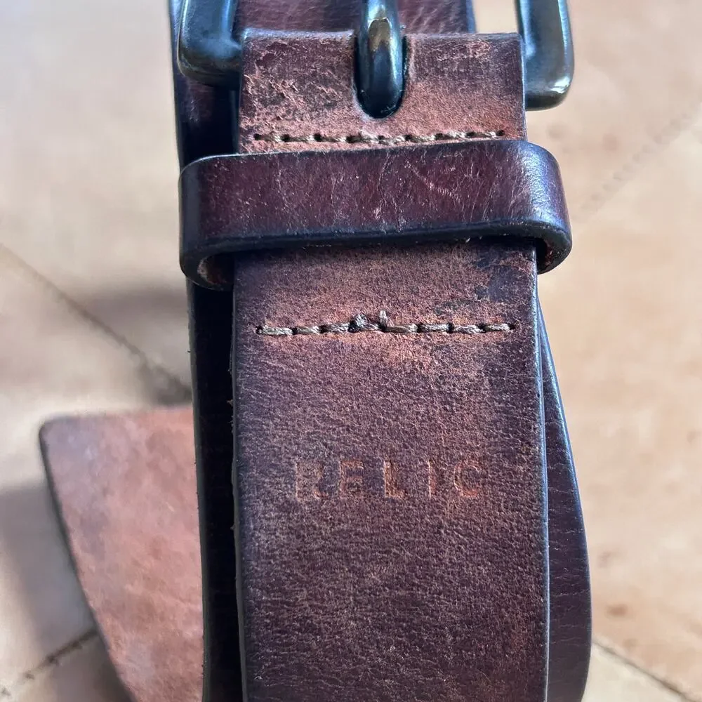 Relic Leather Belt Mens Size 32 Brown Chunky Roller Buckle Y2K Grunge Distressed